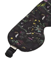 Floral eye mask with a black background, featuring colorful botanical prints and butterfly details; soft fabric with gathered elastic strap.
