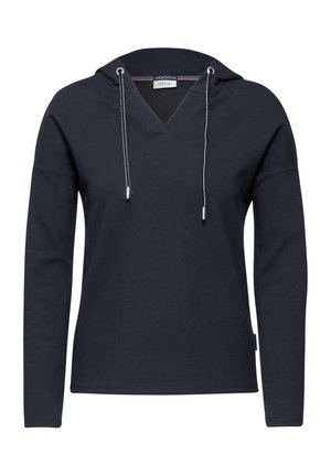 Navy blue hooded sweatshirt with a v-neck, long sleeves, silver drawstrings, textured fabric, and a small brand label on the side.