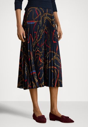 BELTING-PRINT PLEATED GEORGETTE SKIRT - Gonna a campana - navy/multi-coloured