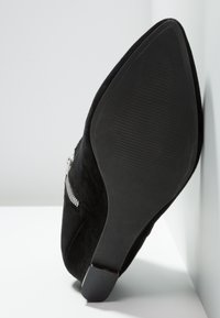 Chaussure à talon haut en daim noir avec un bout pointu et une semelle texturée, dotée d'une fermeture éclair latérale et d'une finition lisse.