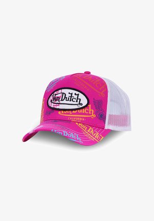Gorra de béisbol Von Dutch rosa con logos coloridos, parte trasera de malla blanca y visera curvada.