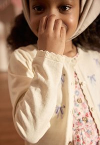 Light cream cardigan with scalloped cuffs, featuring blue embroidered bows. Underneath, a floral dress with buttons is partially visible.