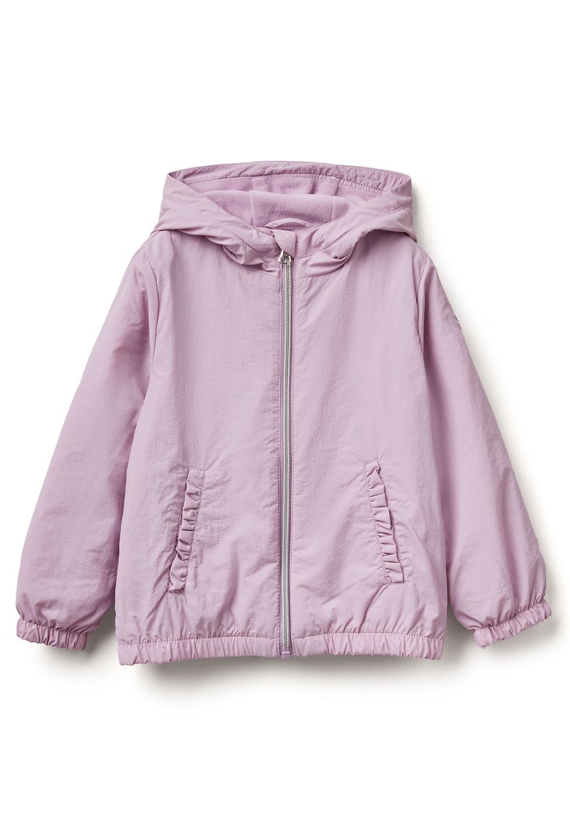 Giacca a zip leggera di colore viola chiaro con cappuccio, polsini elasticizzati e tasche laterali arricciate. Realizzata in tessuto liscio e leggero con una finitura opaca.