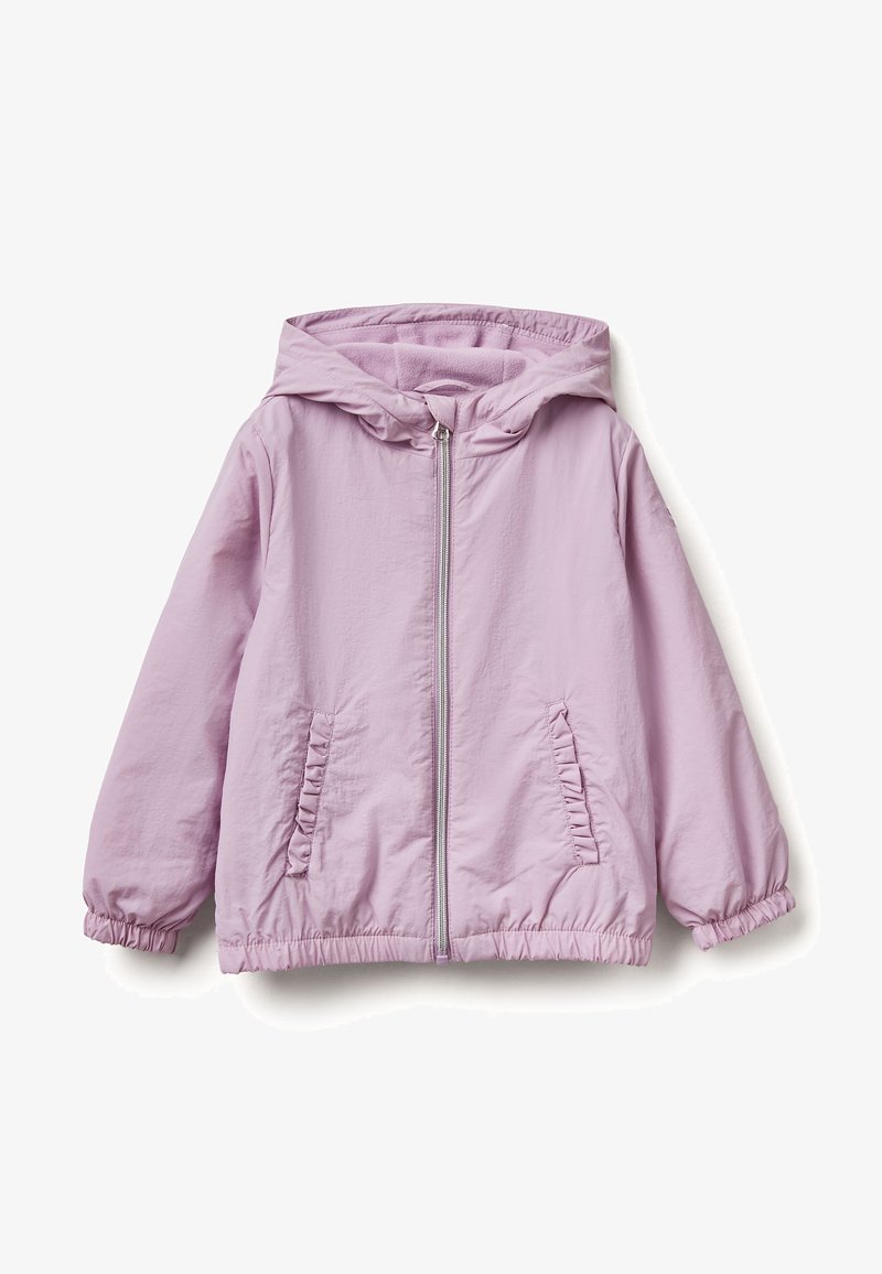 Giacca a zip leggera di colore viola chiaro con cappuccio, polsini elasticizzati e tasche laterali arricciate. Realizzata in tessuto liscio e leggero con una finitura opaca.