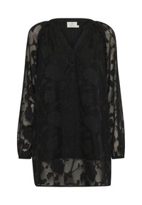 Black sheer blouse with floral pattern, v-neckline, three-button placket, and long sleeves with elastic cuffs. Smooth, lightweight fabric.