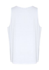Weißes ärmelloses Oberteil mit rundem Ausschnitt, lockerer Passform und weichem Material. Verfügt über Seitenschlitze für bequemes Bewegen. Keine sichtbaren Muster oder Akzente.