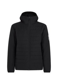 Czarna, lekka kurtka z pełnym zamkiem z przodu, wysokim kołnierzem i logo "icebreaker" na lewym rękawie, zaprojektowana do noszenia na zewnątrz.