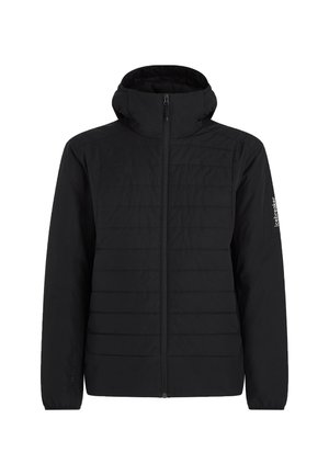 Giacca leggera nera con zip frontale completa, colletto alto e logo "icebreaker" sulla manica sinistra, progettata per l'uso all'aperto.