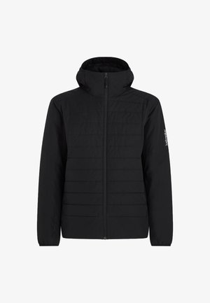 Schwarze, leichte Jacke mit durchgehendem Reißverschluss, hohem Kragen und "Icebreaker"-Logo auf dem linken Ärmel, entworfen für den Outdoor-Einsatz.