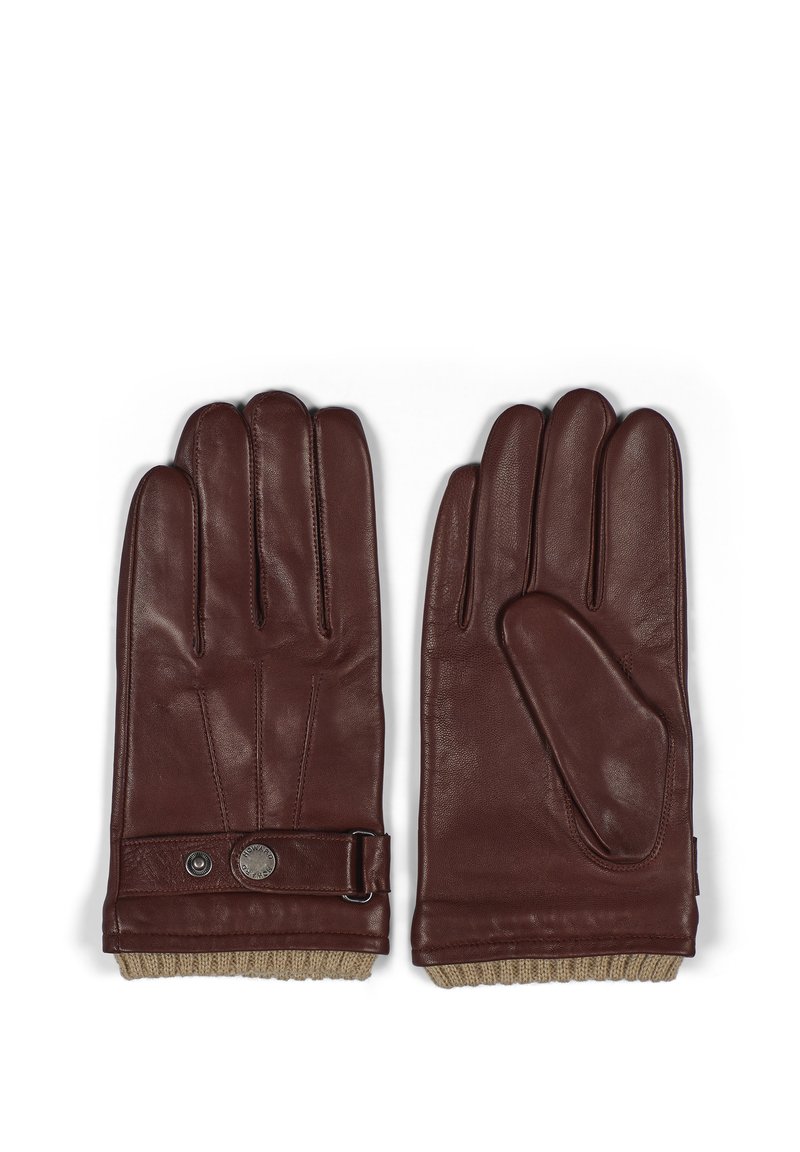 Brune skinnhansker med ribbet lys brun strikket mansjett, knappdetalj på håndleddet, fem-finger design, myk tekstur, og sømdetaljer.