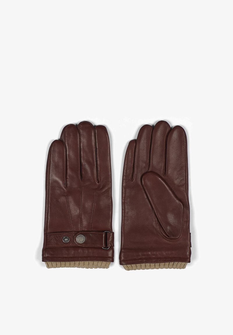 Brune skinnhansker med ribbet lys brun strikket mansjett, knappdetalj på håndleddet, fem-finger design, myk tekstur, og sømdetaljer.