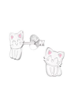 Orecchini a perno in argento a forma di gatti sorridenti con orecchie interne rosa e baffi dettagliati, contrassegnati 925 per argento sterling.