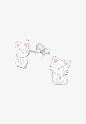 Orecchini a perno in argento a forma di gatti sorridenti con orecchie interne rosa e baffi dettagliati, contrassegnati 925 per argento sterling.
