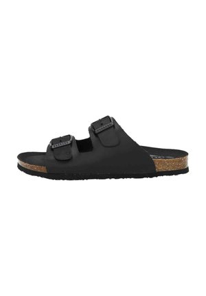 Black slip-on sandal with dual adjustable buckles, a cork footbed, rubber sole, and a flat silhouette suitable for casual wear.