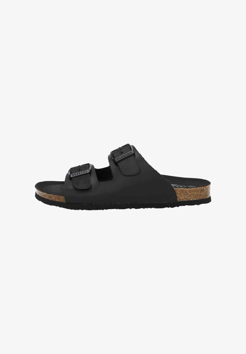 Black slip-on sandal with dual adjustable buckles, a cork footbed, rubber sole, and a flat silhouette suitable for casual wear.