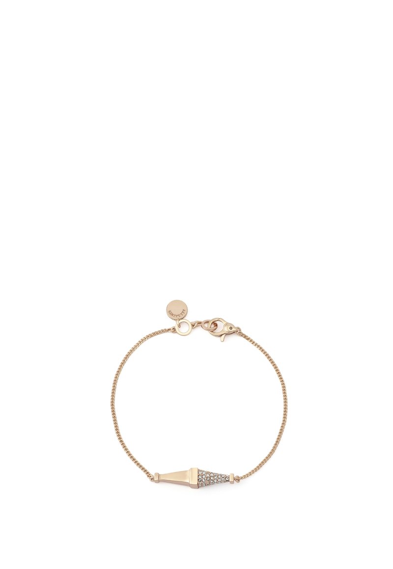 Bracelet ton or avec une chaîne fine et un pendentif géométrique, comportant une section de cristaux clairs. Fermoir mousqueton sécurisé avec étiquette logo.