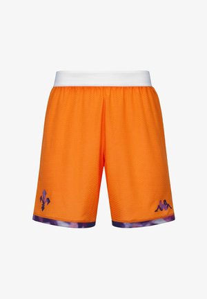 Pantaloncini sportivi arancione acceso con fascia elastica bianca in vita, fleur-de-lis viola e logo sulle gambe inferiori e bordo viola all'orlo.