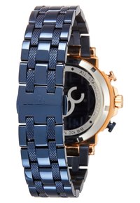 Orologio in acciaio inox blu con un design della bracciale intrecciato, anelli testurizzati e cassa in finitura oro rosa. Presenta un quadrante nero e funzioni cronografiche.