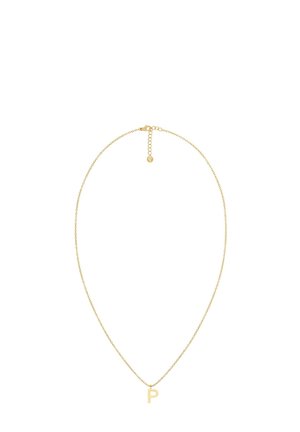 Guldfarvet halskæde med en tynd kæde, der har en vedhæng med bogstavet "P". Enkel design med justerbar længde og lås.