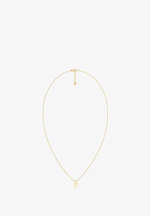 Kultakahvainen kaulakoru, jossa on ohut ketju ja "P"-kirjainriipus. Yksinkertainen muotoilu, jossa on säädettävä pituus ja lukko.