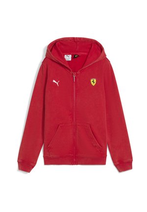 Hoodie zippé rouge en matériau doux. Présente un logo imprimé sur le devant, des poches kangourou et une capuche. Manches et ourlet côtelés.