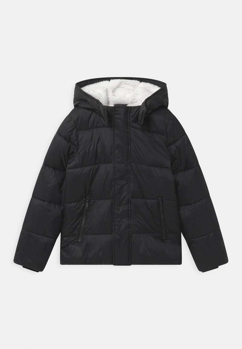 Giacca a vento nera con chiusura a zip, cappuccio e rivestimento in pile. Presenta un motivo trapuntato e due tasche laterali con zip. Materiale esterno liscio.