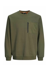 Olivgrüner Sweatshirt mit langen Ärmeln, Rundhalsausschnitt und einer aufgesetzten Tasche auf der linken Brust aus contrastingem Material. Weiche Stofftextur.