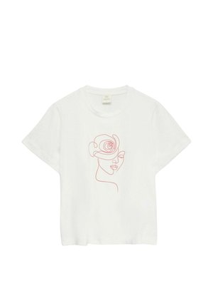 White short-sleeve t-shirt featuring a red line art design of a face with a floral detail on the head. Soft cotton fabric, relaxed fit.