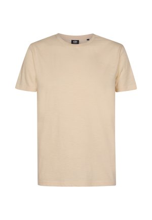 Lichtbeige T-shirt gemaakt van zachte stof. Het heeft korte mouwen, een ronde hals en een klein logodetail op de borst. Eenvoudig en klassiek ontwerp.