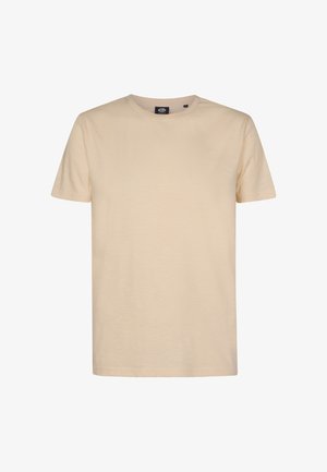 Lichtbeige T-shirt gemaakt van zachte stof. Het heeft korte mouwen, een ronde hals en een klein logodetail op de borst. Eenvoudig en klassiek ontwerp.