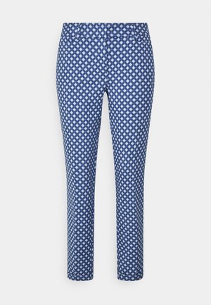 Pantalons bleus à motif avec un design en losanges. Le tissu est lisse et légèrement extensible, avec une silhouette ajustée et une coupe à la cheville.