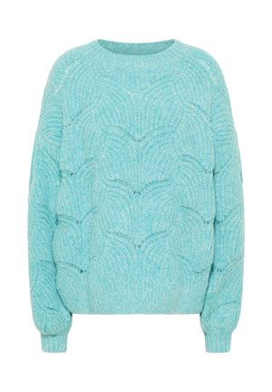 Vaalean teal-sävyinen neulepaita, jossa on teksturoitu aalto-kuvio, pyöreä pääntie ja pitkät hihnat ribbailla. Pehmeää neulottua materiaalia.