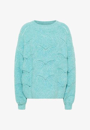 Világos türkizkék pulóver texturált hullámmintával, kerek nyakkivágással és hosszú ujjakkal, ribbelt mandzsettával. Puha kötött anyag.