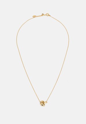 Gold necklace with a delicate chain and a smooth, abstract pendant. The pendant features a shiny, reflective surface and minimalistic design.