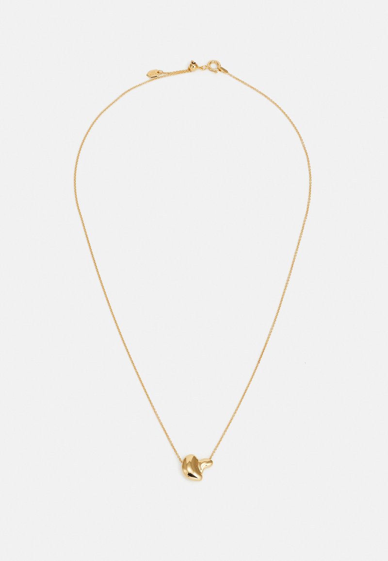 Gold necklace with a delicate chain and a smooth, abstract pendant. The pendant features a shiny, reflective surface and minimalistic design.
