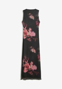 Abito lungo senza maniche di colore nero con stampa floreale rosa e rossa, silhouette dritta e dettaglio in tessuto trasparente all'orlo inferiore.