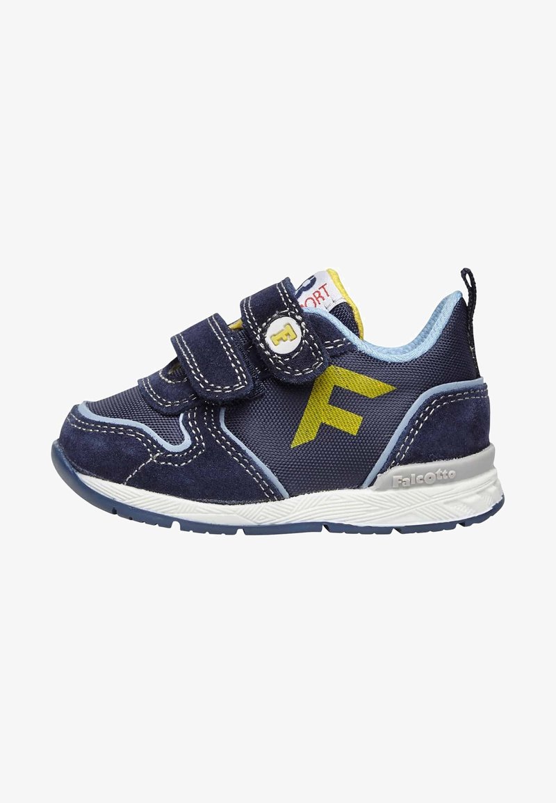 Baskets bleu marine pour tout-petit avec logo jaune "F", deux bandes velcro, doublure intérieure bleu clair et semelle en caoutchouc blanc avec grip texturé.