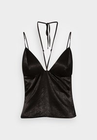 Camisola de cetim preta com decote em V profundo, alças finas ajustáveis e um corte solto com um brilho subtil. Sem padrões ou adornos.