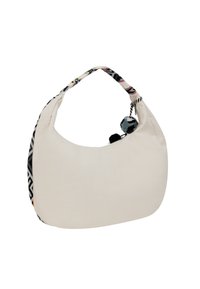 Borsa in tessuto cremoso e texturizzato, dalla forma curva, con una tracolla a fantasia colorata e dettagli con pompon. Chiusura con zip nella parte superiore.