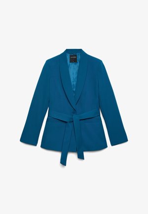 Damenblazer in Blaugrün mit langen Ärmeln, Ein-Knopf-Verschluss, Schalkragen und gebundenem Taillengürtel auf weißem Hintergrund.