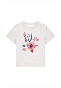 Graues Kurzarm-T-Shirt mit einem farbenfrohen Blumendesign in Pink- und Grüntönen, rundem Halsausschnitt und weichem Stoff.