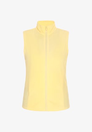 Keltasit sleeveless-tyylinen liivi, joka on valmistettu pehmeästä kankaasta. Siinä on korkea kaulus ja edessä vetoketjClosure; sileä rakenne ilman lisäkuvioita.