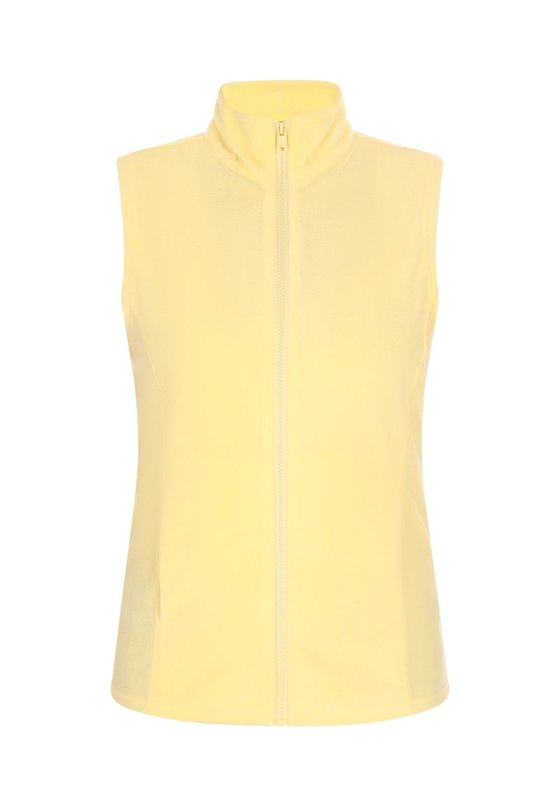 Gilet giallo senza maniche realizzato in tessuto morbido, con colletto alto e chiusura frontale con zip; texture liscia e senza ulteriori motivi.