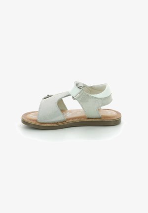 Grijze leren sandalen met uitsnijdingen, verstelbare band met hardware en een beige textuurzool. Bloemdesign op de binnenzool.