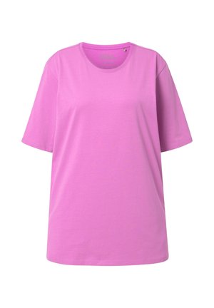 Pink cotton t-shirt with a crew neck and short sleeves; features a relaxed fit and smooth texture. No visible logos or patterns.