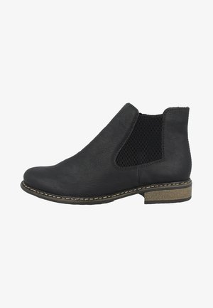 Schwarze Lederknöchelstiefel mit elastischen Seitenpaneelen, abgerundeter Zehenform und niedrigem gestapeltem Absatz. Verfügt über eine strukturierte Oberfläche und kontrastierende Nähte.