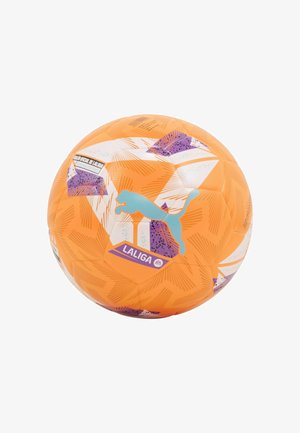 Ballon de football Puma La Liga, orange avec des motifs géométriques en blanc et violet, arborant un logo turquoise et une surface texturée.