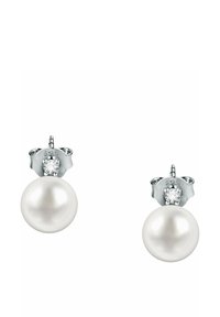 Orecchini a perno in perla con una grande perla bianca, accentuati da una piccola pietra trasparente su un'impostazione in argento. Forma rotonda classica e texture liscia.