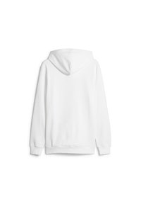 Sudadera blanca con un corte relajado, hecha de una tela suave, que cuenta con capucha, mangas largas y puños y dobladillo de canalé. Textura suave en toda la prenda.