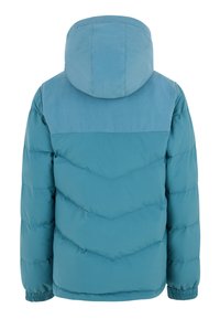 Zateplená bunda v tehlovej farbe s kapucňou. Obsahuje vzor v tvare chevronu a elastické manžety. Hladký povrch, jednotná farba a minimálne detaily.